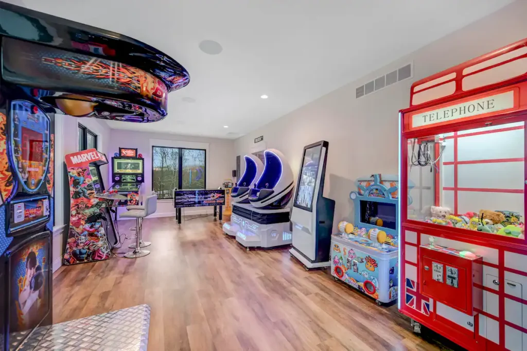 Arcade game room at a luxury Airbnb in Pennsylvania