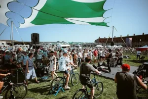 The bike-powered stage at the Newport Folk Festival in Newport, RI, highlighting eco-friendly and innovative things to do in Newport RI.