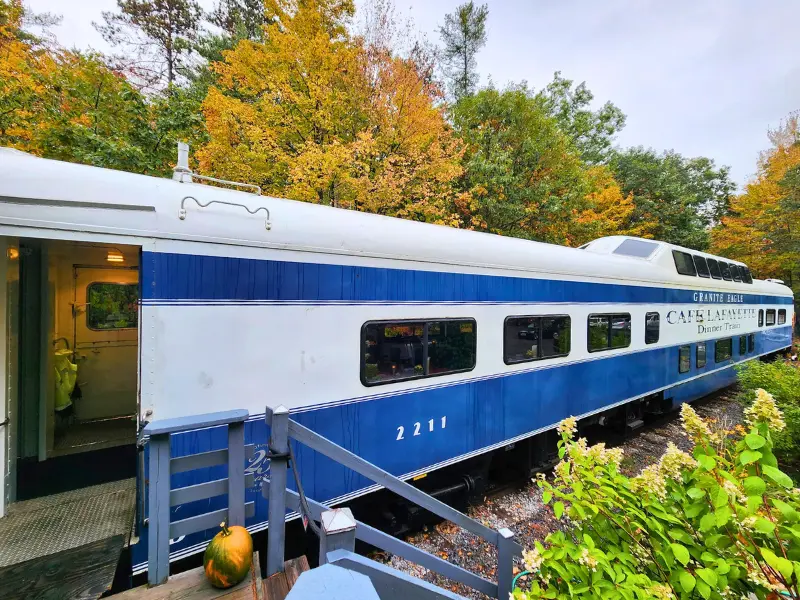 Exterior blue train at Cafe Lafayette Dinner Train