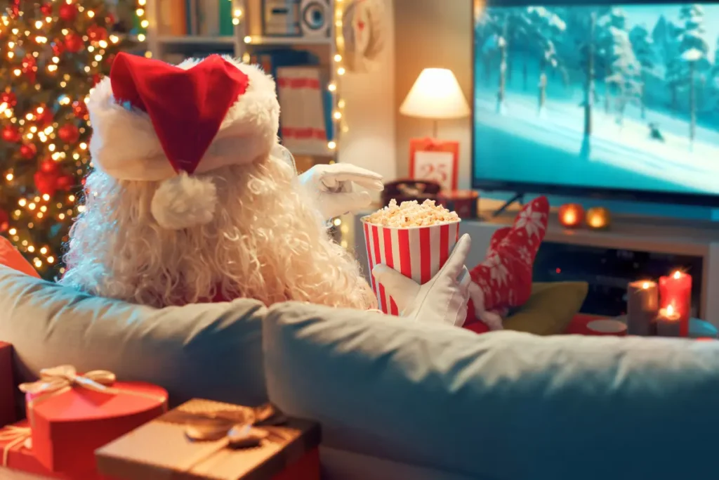 Santa Claus on the couch with popcorn watching a movie