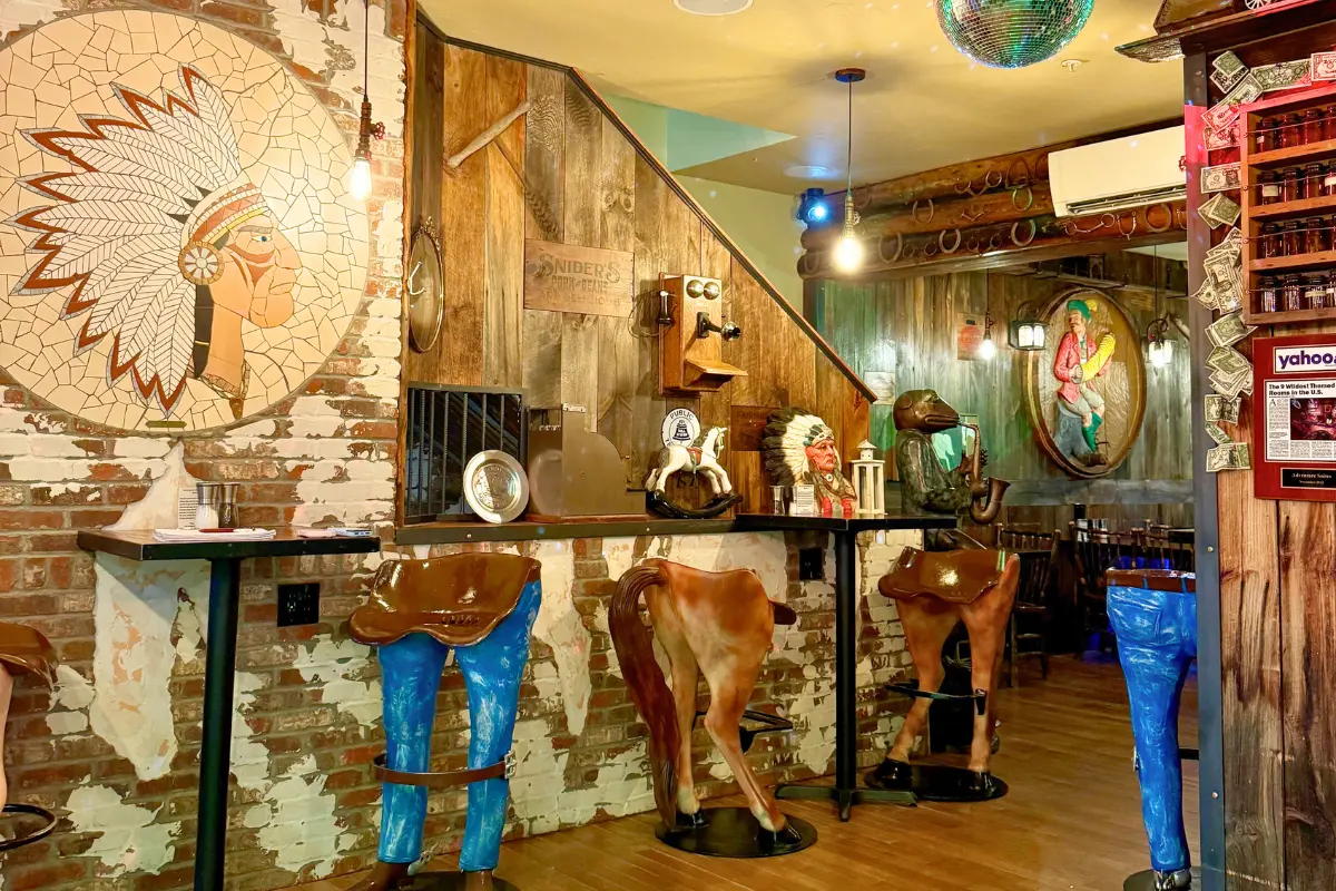 Interior of one of the quirkiest restaurants in New Hampshire with stools that look like legs