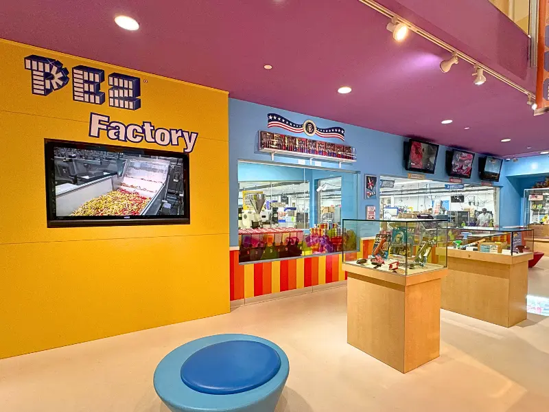 PEZ Visitor Center with factory tour windows and colorful displays.