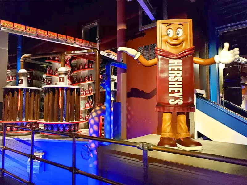 Hershey chocolate tour ride with animated candy character.