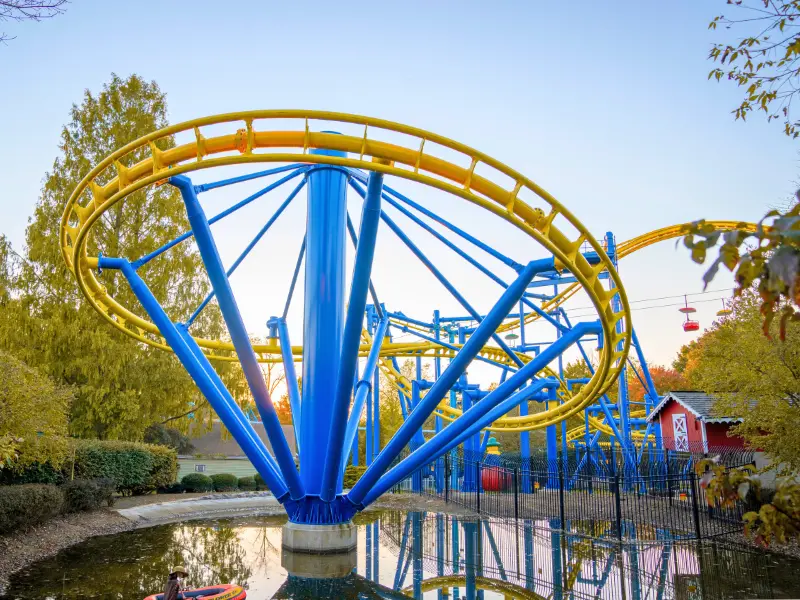 Dutch Wonderland rollercoaster at sunset in Lancaster, PA.