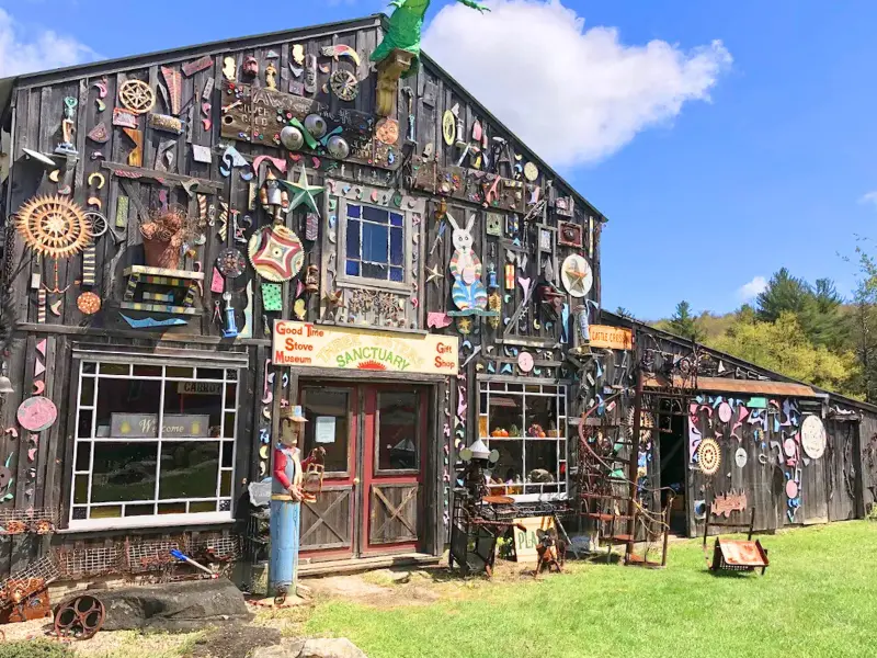 Exterior of Three Sisters Sanctuary, a quirky outdoor art space in western MA.