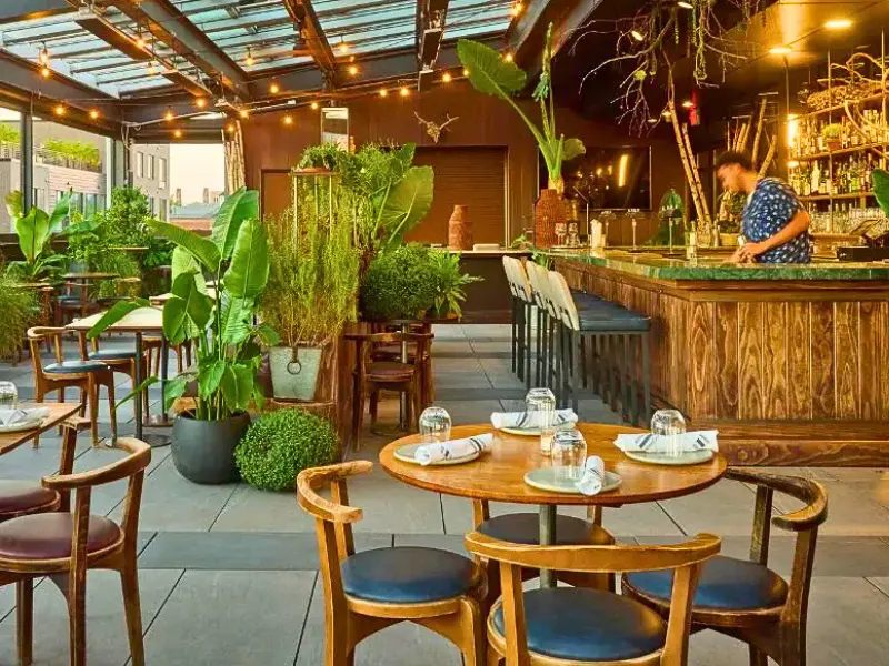 Rooftop restaurant at The Blake with plants and bar seating in New Haven.