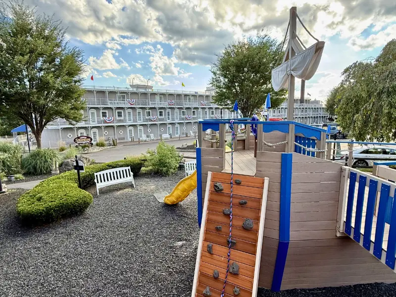 Ship play set and exterior of Fulton Steamboat Inn in Lancaster, PA