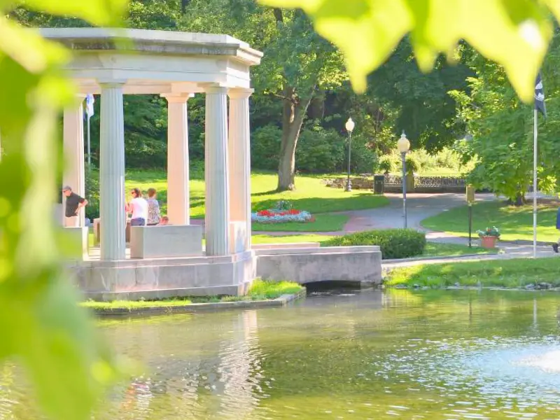 Congress Park pavilion and pond in Saratoga Springs.