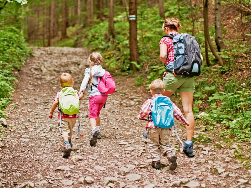 Family hiking a wooded trail in upstate New York, one of many affordable family vacation ideas.