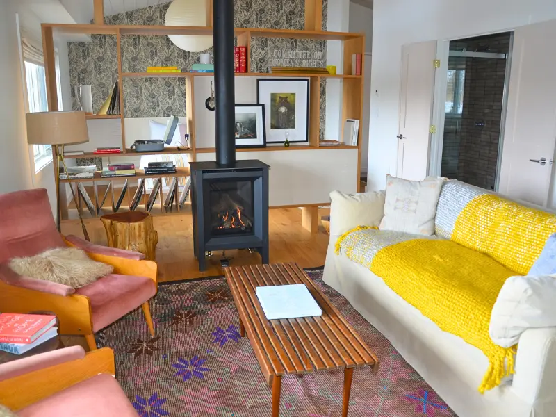 Cozy living space inside Hotel Dylan in the Catskills, perfect for affordable family vacation ideas.