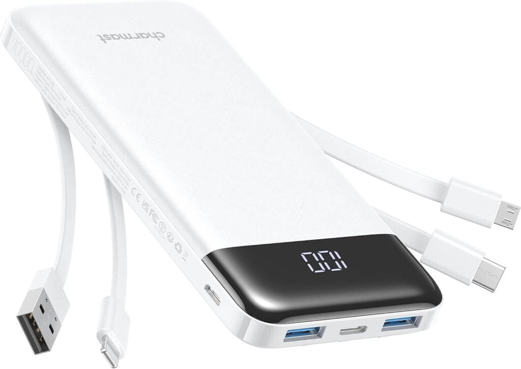 White power bank with attached cords.