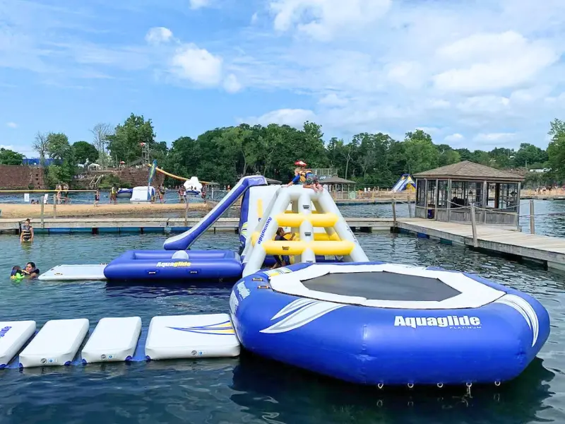 Inflatable water obstacle course at Brownstone Adventure Sports Park in Portland, CT.