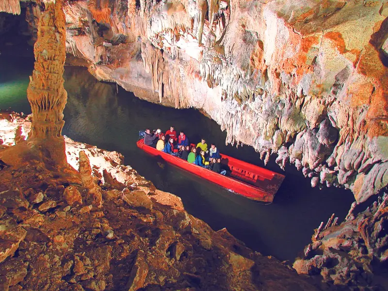 Guided boat tour inside the limestone cavern at Penn’s Cave in Centre Hall, PA