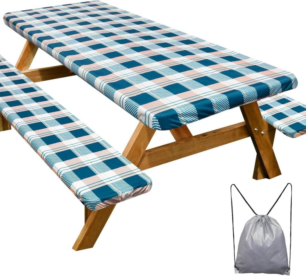 Reusable vinyl tablecloth for a picnic table.