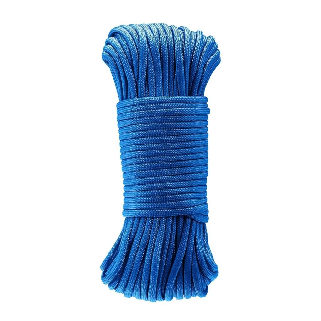 Bundle of blue paracord rope or twine.