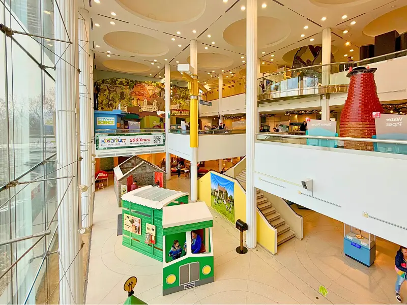 Interactive museum exhibits and trolley play area at the EcoTarium in Worcester MA.
