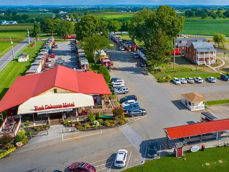 Aerial view of Red Caboose Motel and farmland in Ronks near Strasburg PA.