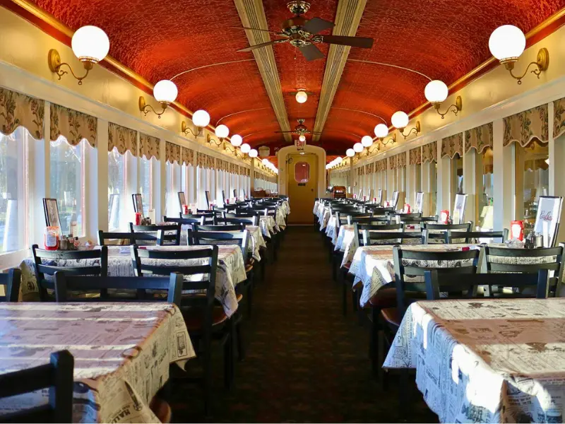 Vintage train car dining room at Casey Jones’ Restaurant in Strasburg PA.