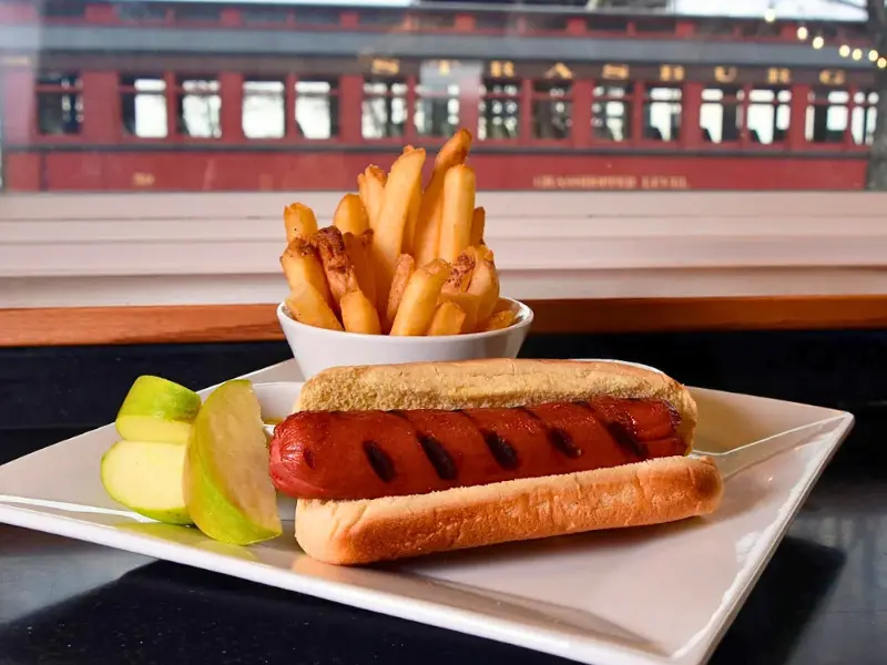 Hot dog kids meal at Cafe 1832 in Strasburg PA with train in background.
