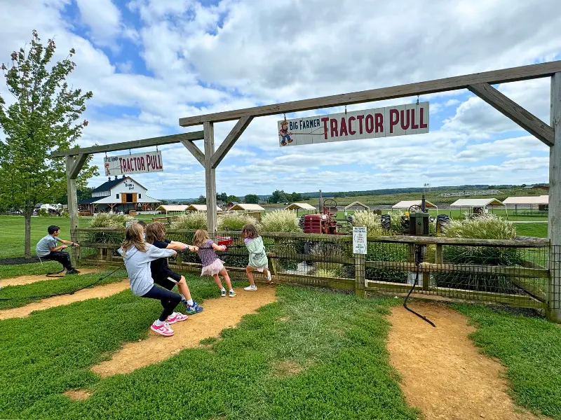 Kids pulling a tractor at Cherry Crest Adventure Farm near Strasburg PA