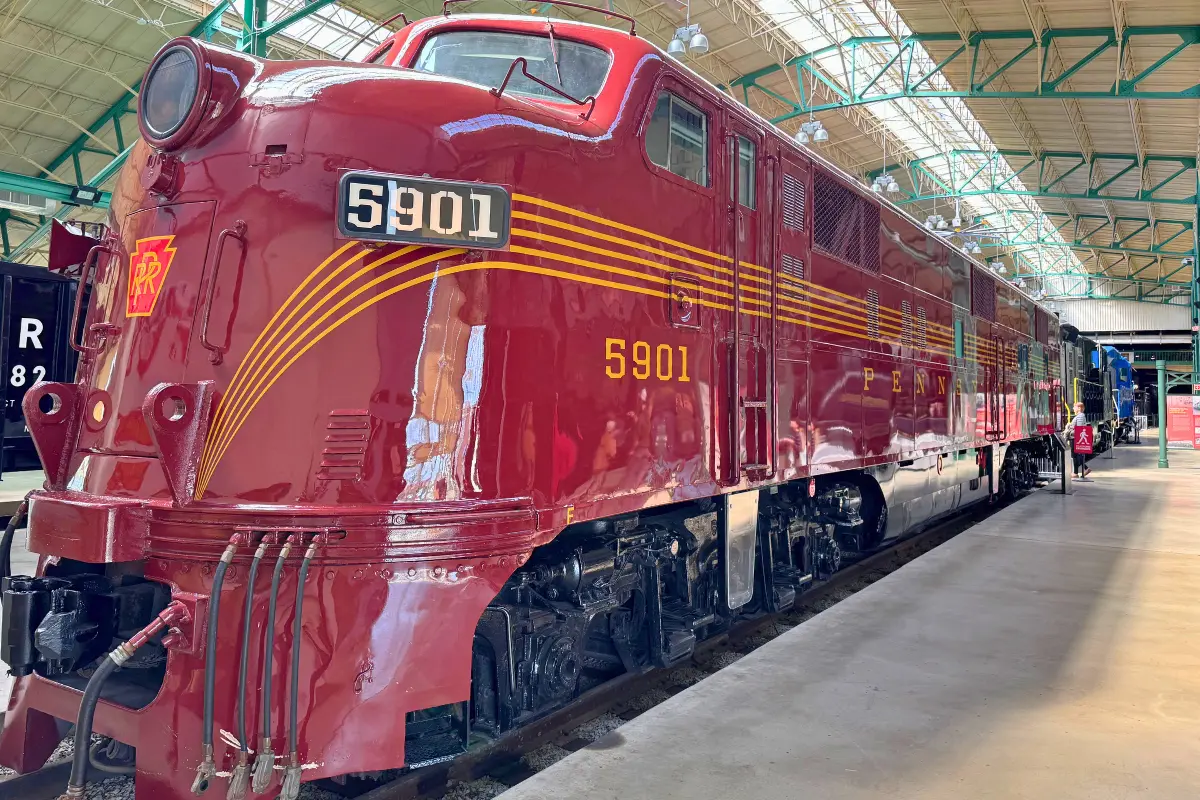 Red Pennsylvania Railroad train inside Railroad Museum in Strasburg PA.