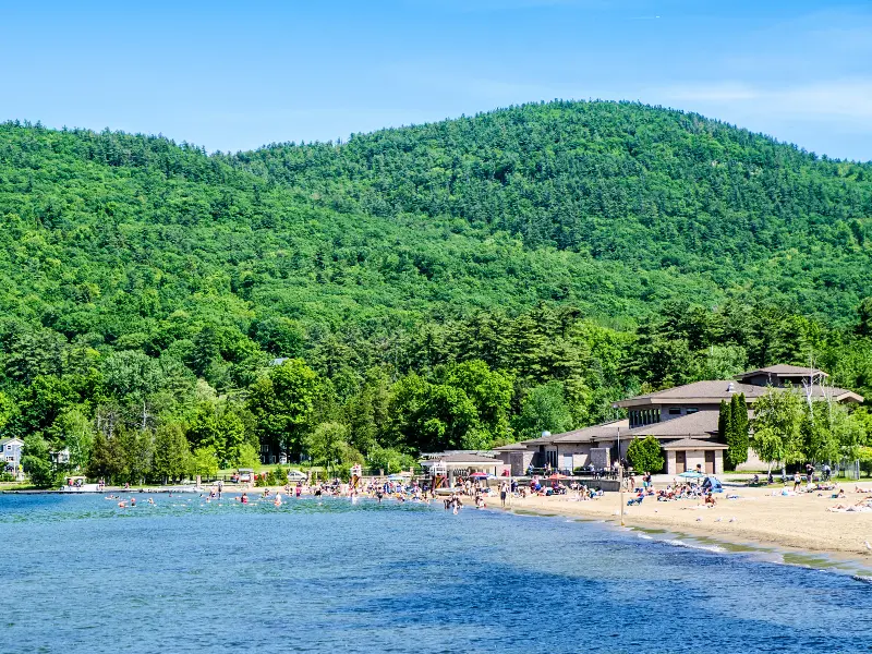 Families enjoying Million Dollar Beach in Lake George Upstate New York.