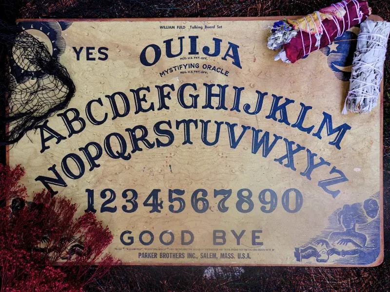 Ouija board displayed at a weird museum about spirit boards.