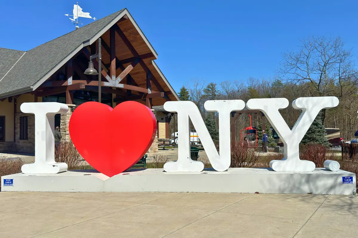 I Love NY sign at Adirondack rest stop in Upstate New York.