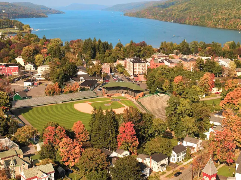 Aerial view of Cooperstown New York and Otsego Lake