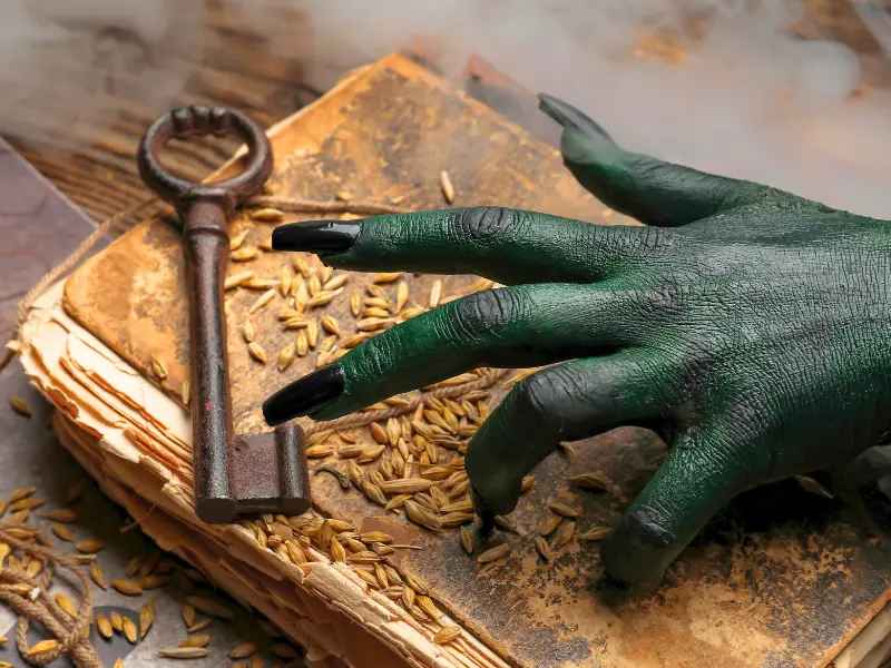 Monster hand on old spell book inside a weird museum.