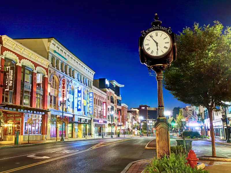 Downtown Schenectady New York Main Street at night.