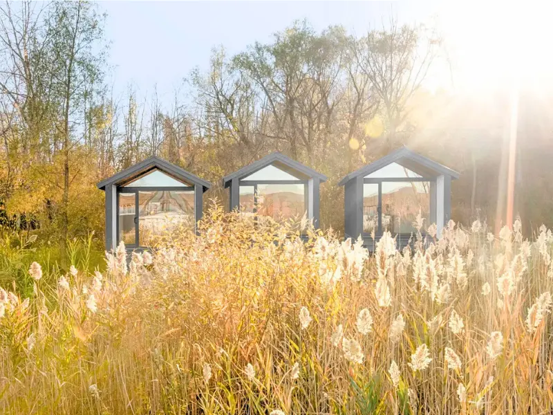Fall cabins at Hutton Brickyards in Kingston NY overlooking the Hudson