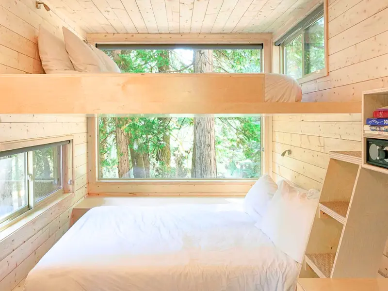 Bunk bed cabin interior at Postcard Cabins Blake Brook NH.