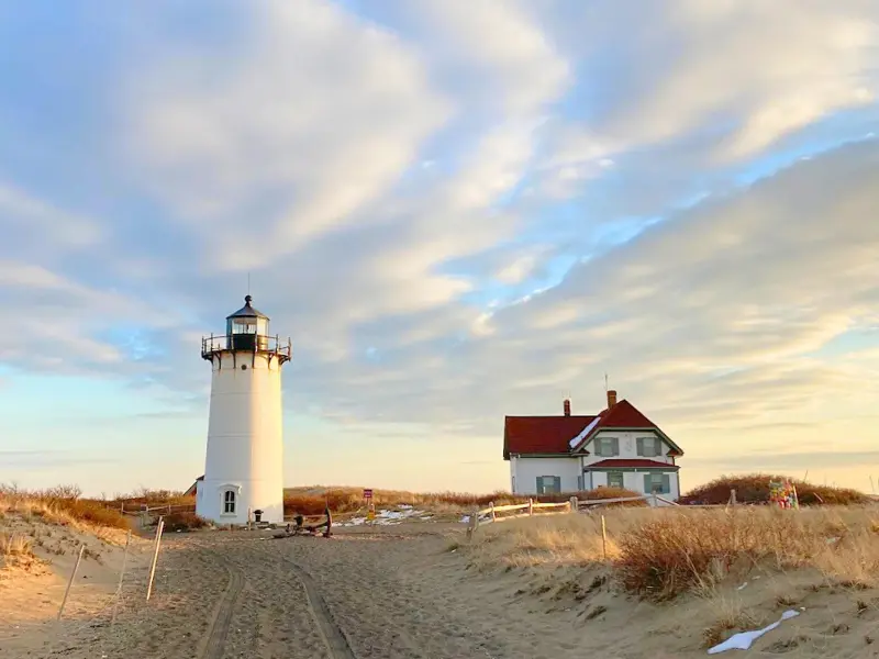Race Point Lighthouse and keeper’s house on Cape Cod dunes