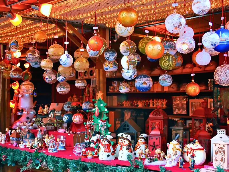 Colorful Christmas ornaments at a holiday market in New Jersey