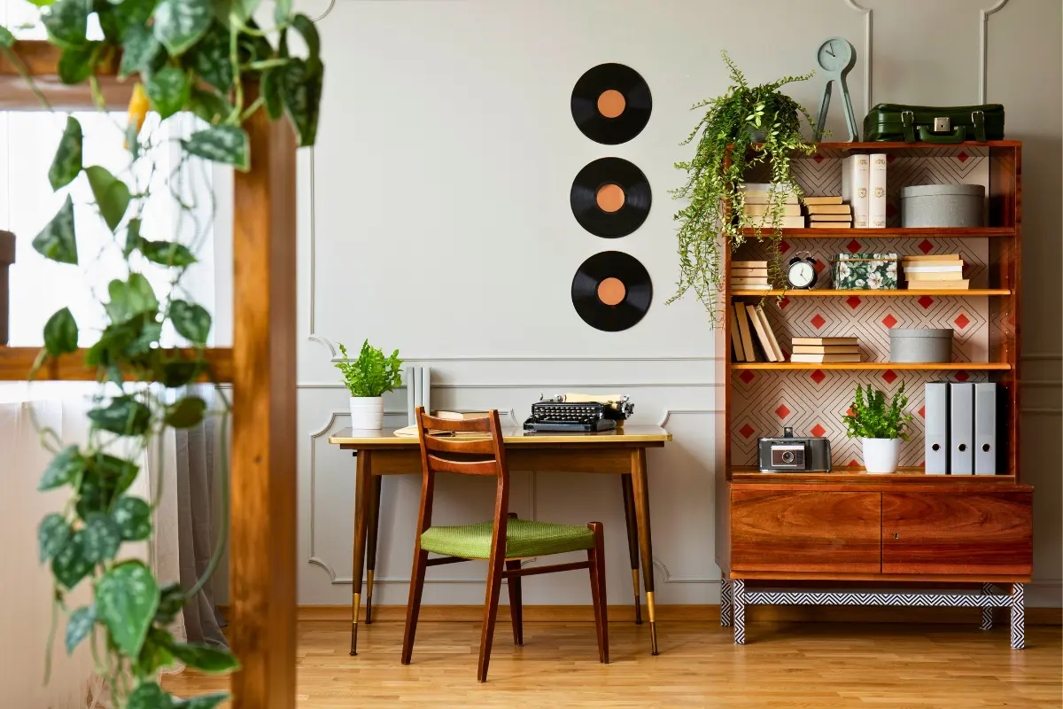 etro-inspired workspace with plants and records for a stylish Catskills vacation feel