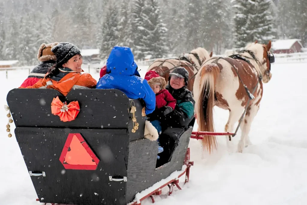 Family bundled up on a horse-drawn sleigh ride through snowy countryside