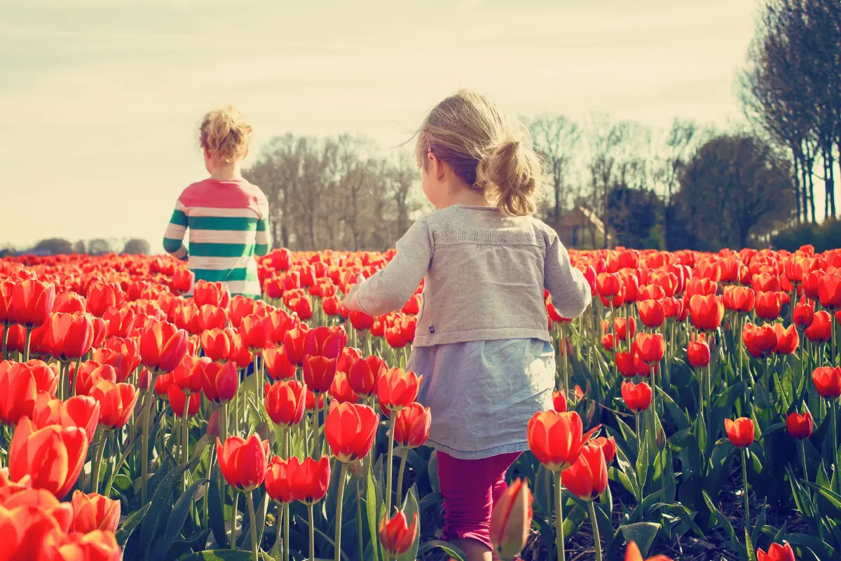 Kids running through a tulip field, a spring break destinations photo moment