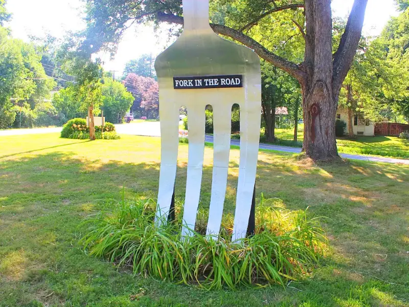 Giant fork sculpture called Fork in the Road roadside attraction in Milan, New York