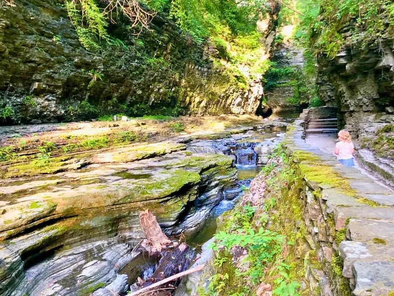 Stone pathway winding through the rocky gorge and waterfalls at Watkins Glen State Park in Upstate New York