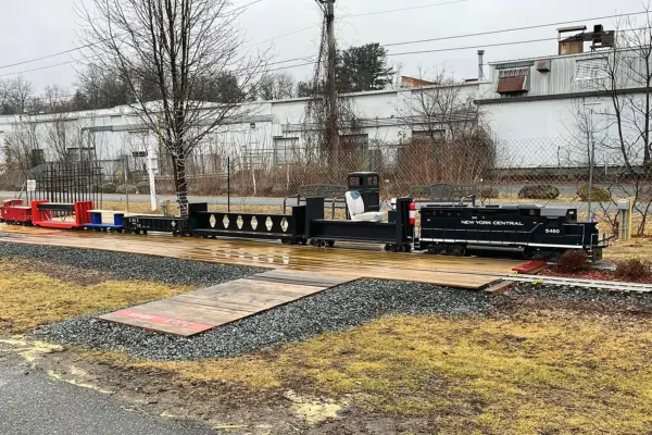 Mini train ride at The Depot at Graham Central Station in East Longmeadow with outdoor track and seating