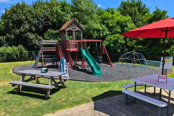 Playground with slide and swings at Pink Bean Coffee in Somerset with picnic tables and shaded seating