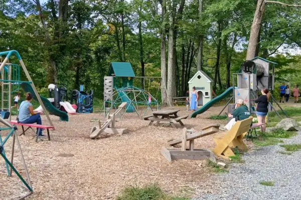Large playground and outdoor seating area at Lilac Hedge Farm in Rutland surrounded by trees